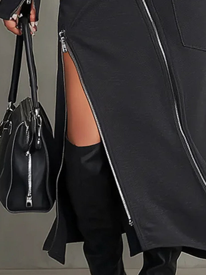 Dark grey turtleneck two-piece skirt set for women, including a fitted top & midi skirt, ideal for stylish streetwear.