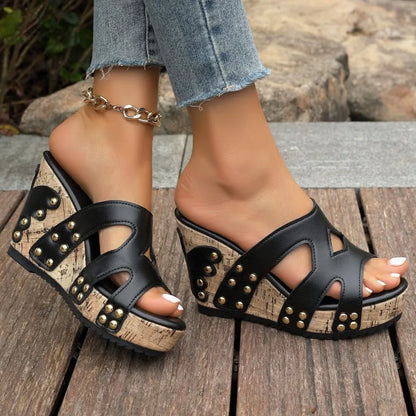 Side view of Davina Rise platform wedges; comfortable women's summer sandals with a stylish heel.