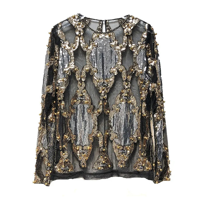 Women's statement sequin top. Sparkling black & gold design for glamorous, luxurious party & evening wear.