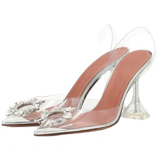 Women's dazzling clear crystal high heels. Elegant transparent pumps, perfect for evening parties and special events.