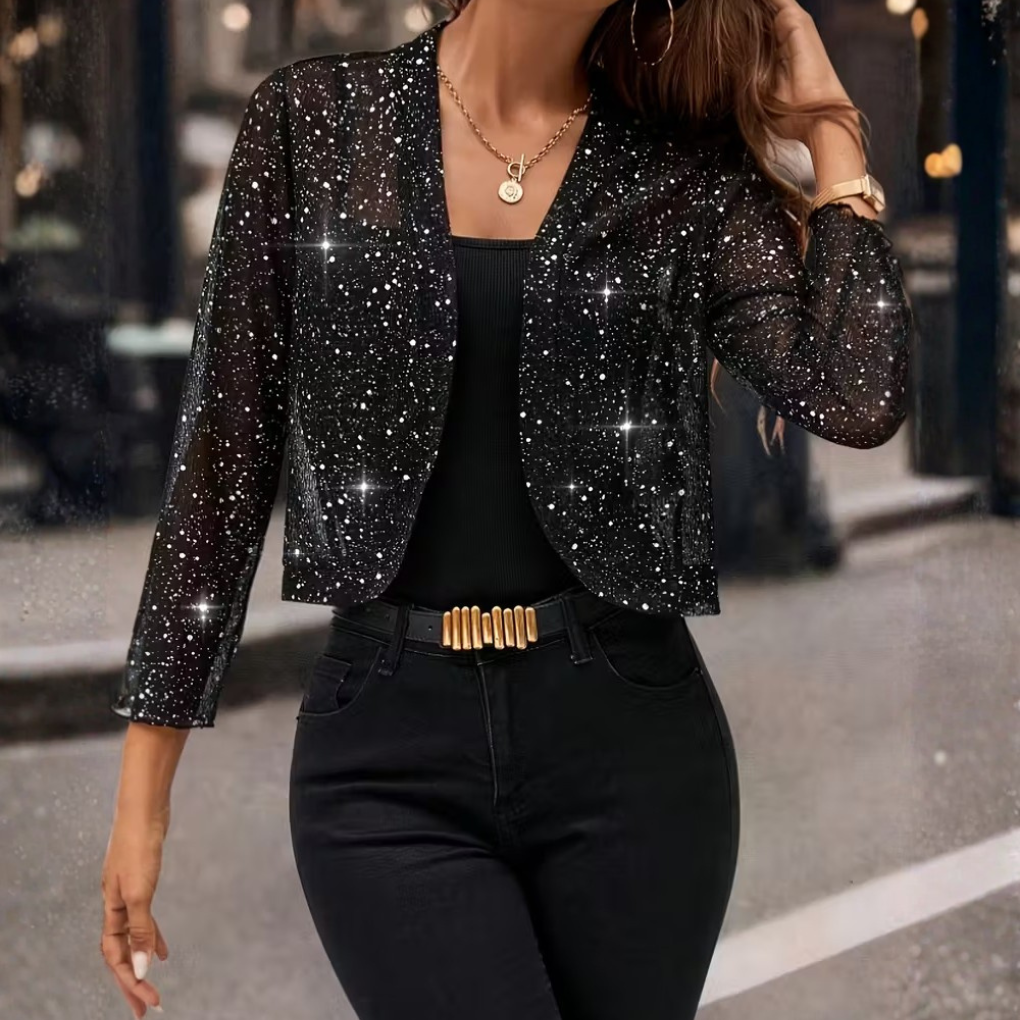 Chic women's shimmer jacket, a versatile open-front cardigan for elegant layering.