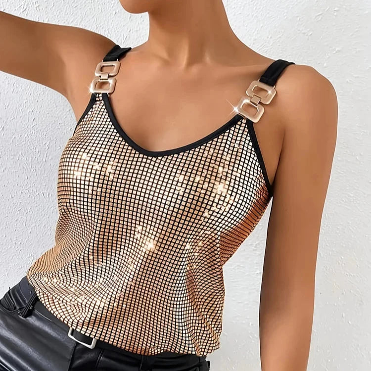 Women's dazzling gold sequin camisole top, perfect for party wear. Shimmering sleeveless glamorous fashion tank.