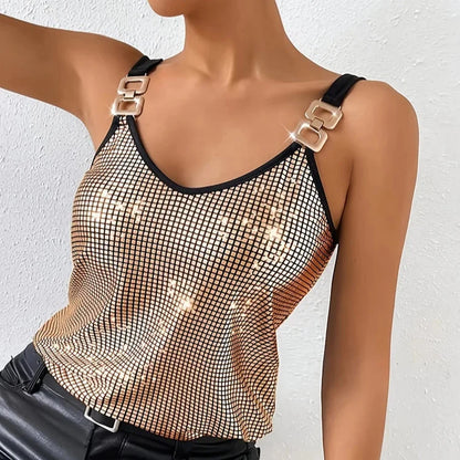 Women's dazzling gold sequin camisole top, perfect for party wear. Shimmering sleeveless glamorous fashion tank.