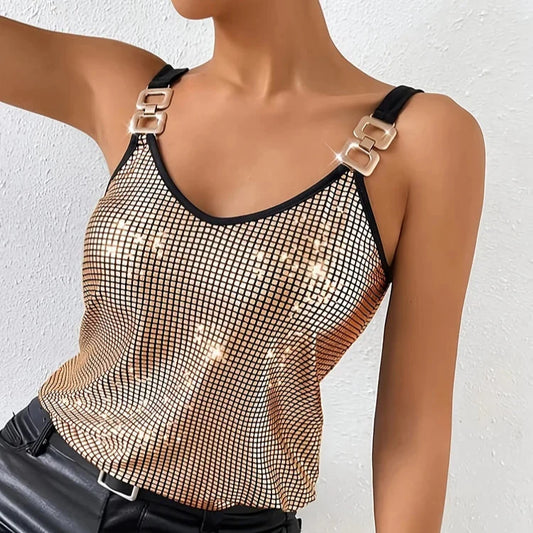 Women's dazzling gold sequin camisole top, perfect for party wear. Shimmering sleeveless glamorous fashion tank.
