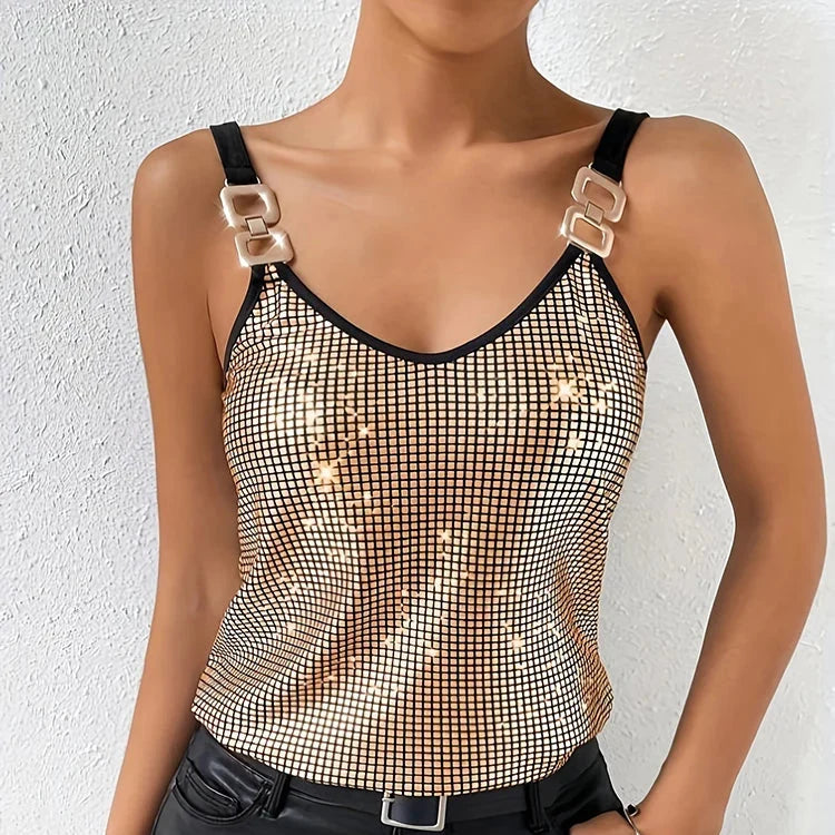 Glamorous women's sequined camisole top in dazzling gold, ideal for evening blouse or party fashion.