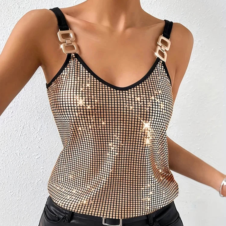 Elegant women's shimmering gold sequined camisole top, a dazzling sleeveless fashion tank for parties.