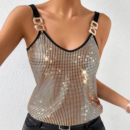 Elegant women's shimmering gold sequined camisole top, a dazzling sleeveless fashion tank for parties.