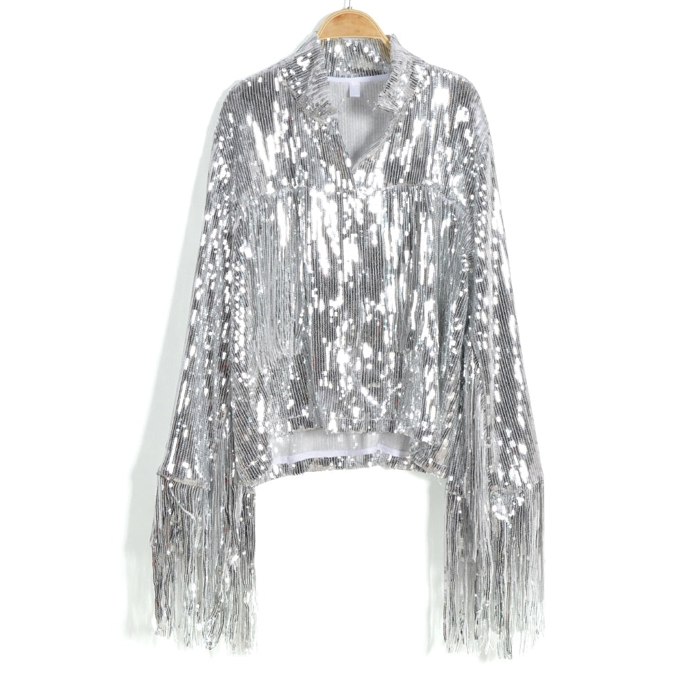 Women's dazzling reflective sequin jacket, perfect for standing out. Trendy party wear evening fashion.