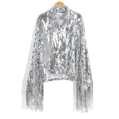 Women's dazzling reflective sequin jacket, perfect for standing out. Trendy party wear evening fashion.