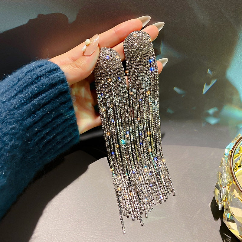 Women's dazzling rhinestone drop & tassel earrings, perfect elegant formal jewelry for evening wear.