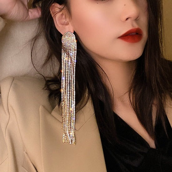 Shimmering rhinestone tassel drop earrings, adding sparkle to women's party & wedding outfits.
