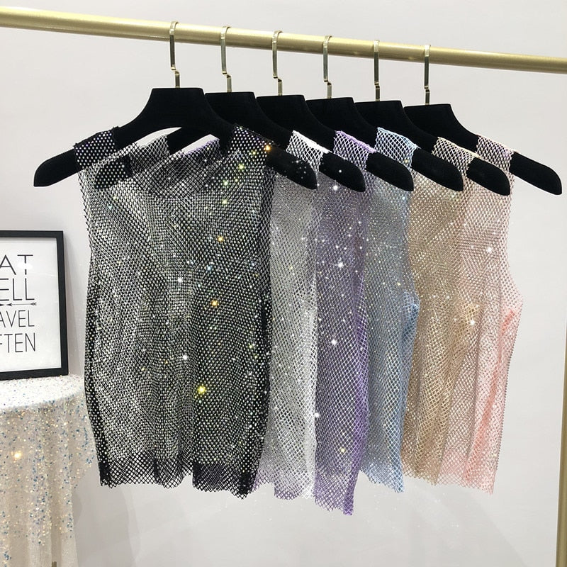 Women's dazzling rhinestone tank top, perfect for glamorous night out party wear.