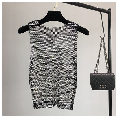 Sparkling women's sleeveless top, glamorous fashion for evening parties.