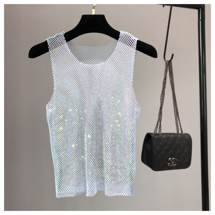 Stylish rhinestone tank top for women, dazzling party wear & night out apparel.