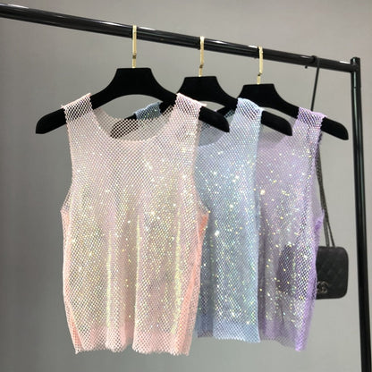 Fashionable women's tank top, featuring sparkling rhinestones for evening events.