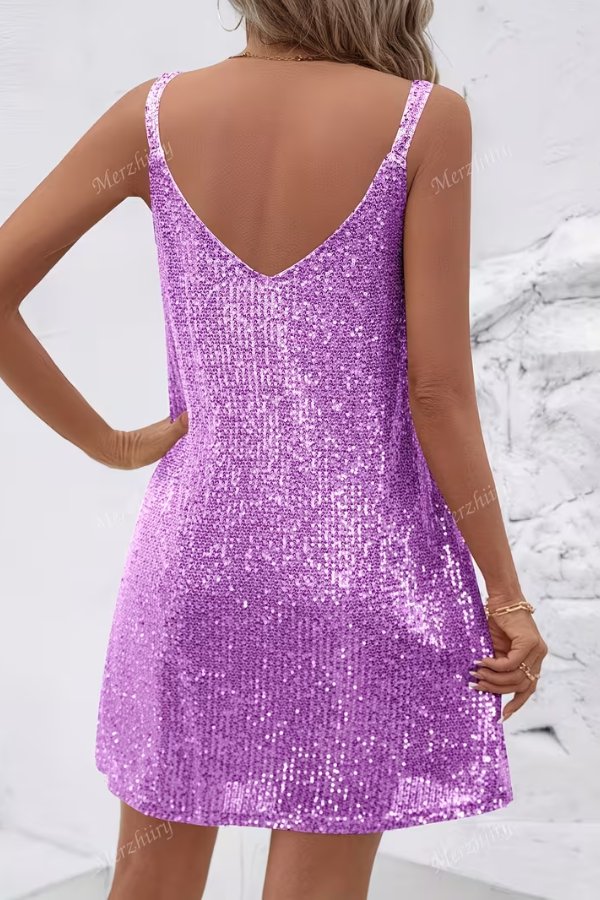 Sleeveless sequin mini homecoming dress for women, featuring a classic V-neck cut.
