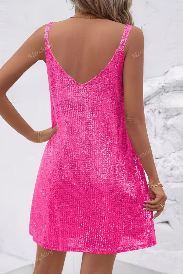 Women's glamorous sequin mini dress with a V-neck, designed for homecoming and parties.