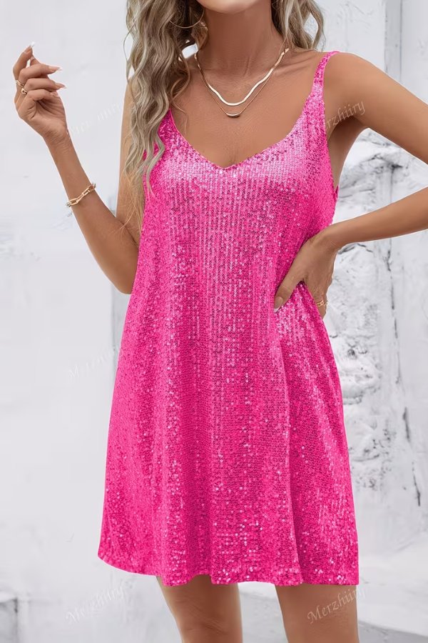 Shimmering sequin short dress for women, a V-neck swing mini that glitters elegantly.