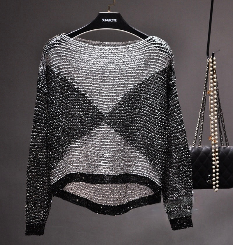 Women's dazzling sequined long-sleeve top, perfect for parties & evening wear. Glamorous shimmery fashion apparel.