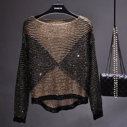 Elegant women's long-sleeve sequin top. Shimmery dazzling party wear with intricate sequin detailing. Glamorous.