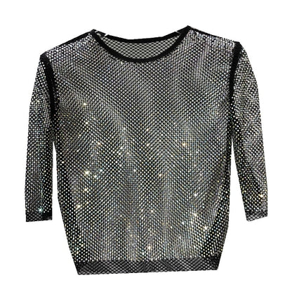 Dazzling sparkle shimmer party top, an eye-catching women's fashion statement for festive evenings.