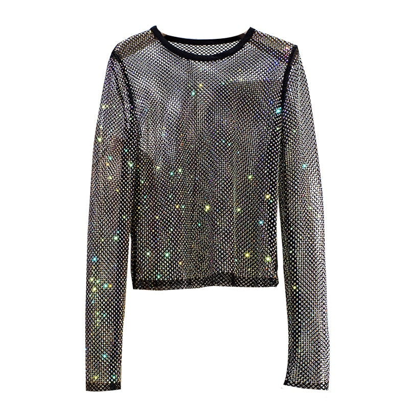 One size women's dazzling shiny long sleeve top. Glamorous party wear with sparkling rhinestone details.