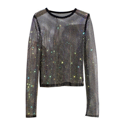 One size women's dazzling shiny long sleeve top. Glamorous party wear with sparkling rhinestone details.