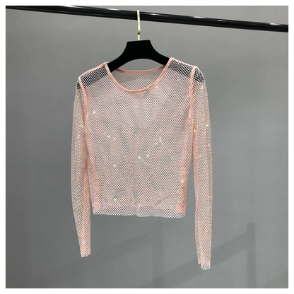 Glamorous women's shiny long sleeve top with dazzling rhinestone embellishments. Perfect for parties & evening events.