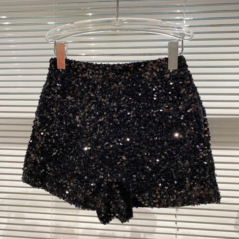 Women's high-waist glitter bling shorts in black, versatile for parties & making a dazzling fashion statement.