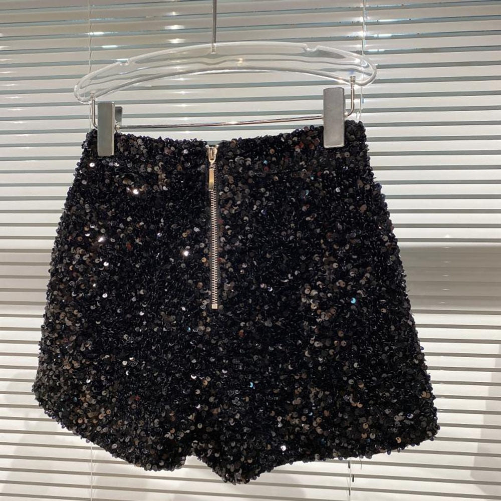 Dazzling high-waist women's sparkle bling shorts in black, a trendy fashion statement for parties & shine.