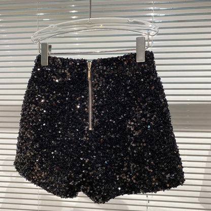 Dazzling high-waist women's sparkle bling shorts in black, a trendy fashion statement for parties & shine.