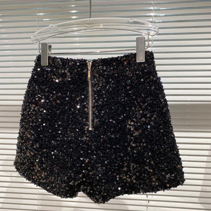 Dazzling high-waist women's sparkle bling shorts in black, a trendy fashion statement for parties & shine.