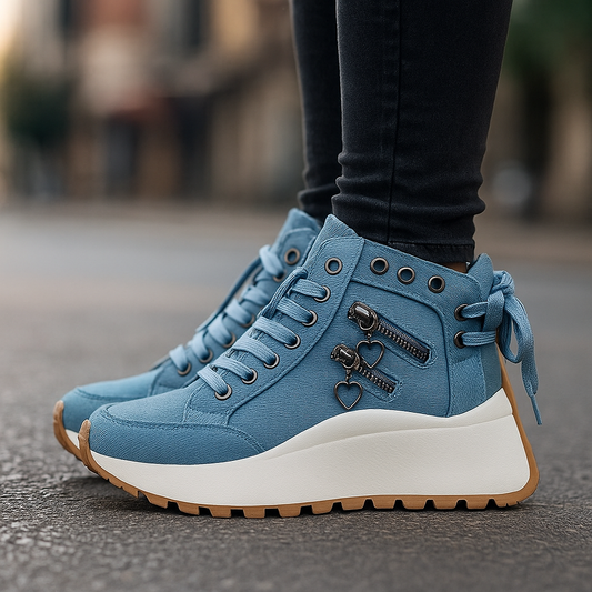 Women's denim blue high-top sneakers, perfect for urban style & casual comfort.