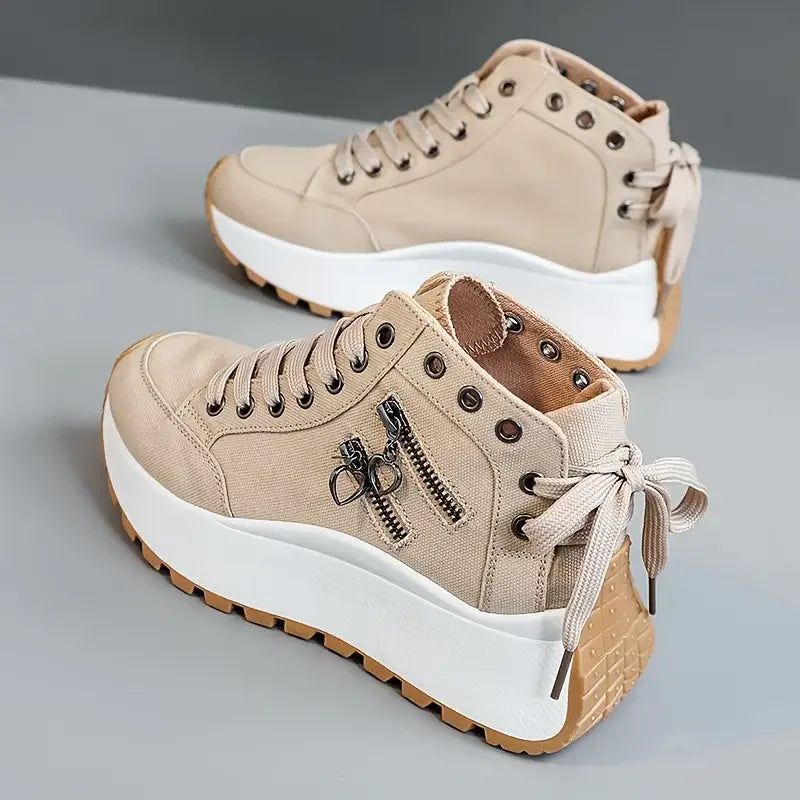 Athletic casual women's high-top sneakers, light khaki, providing support & urban comfort.