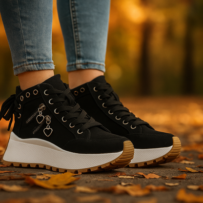 Fashionable light khaki women's high-top sneakers with orthopedic support, ideal for streetwear.