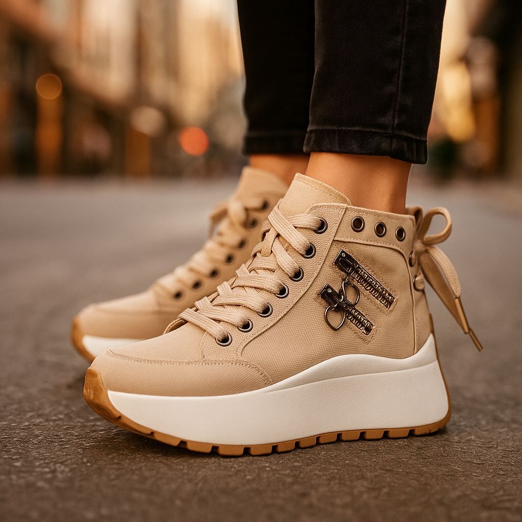 Deep black high-top sneakers for women, lace-up design, offering comfort & urban flair.