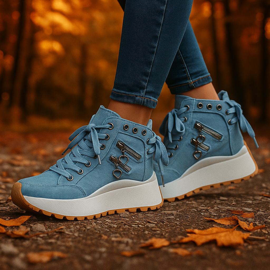 Stylish women's high-top sneakers in denim blue, combining athletic casual & urban style.