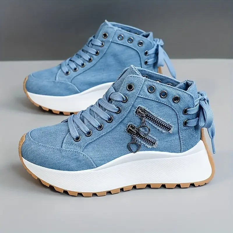 Lace-up women's high-top sneakers, light khaki, essential for fashion & streetwear shoes.