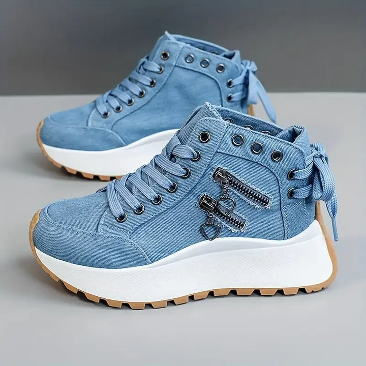 Lace-up women's high-top sneakers, light khaki, essential for fashion & streetwear shoes.