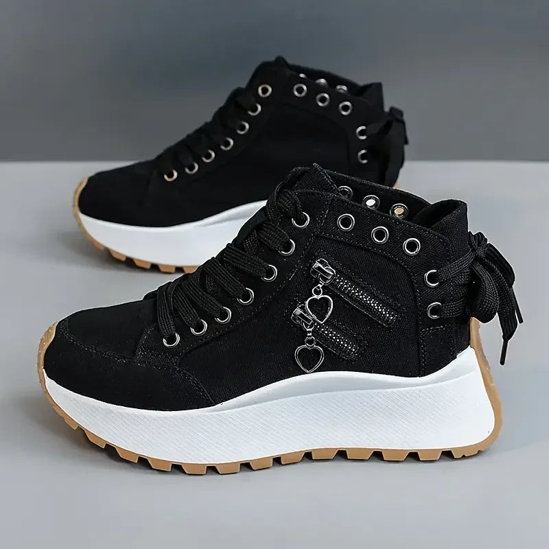 Women's high-top fashion sneakers with zipper, deep black, for a chic & comfortable look.