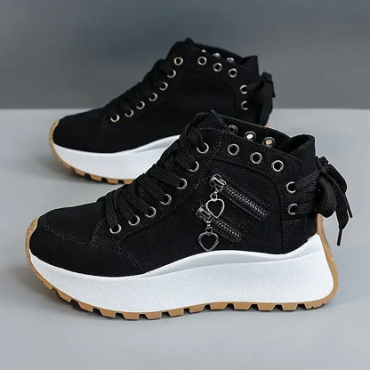 Women's high-top fashion sneakers with zipper, deep black, for a chic & comfortable look.