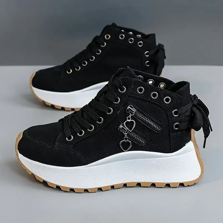 Women's high-top fashion sneakers with zipper, deep black, for a chic & comfortable look.