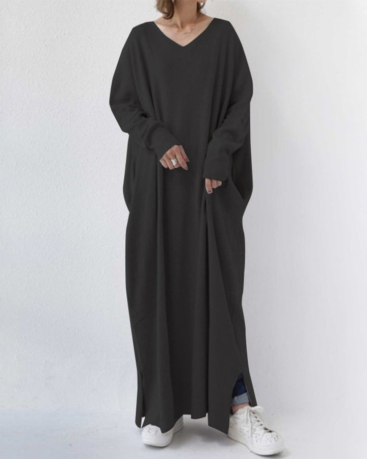 Elegant grey Women's Devina long sleeve flowing maxi dress, ideal for warm winter fashion & evening wear.
