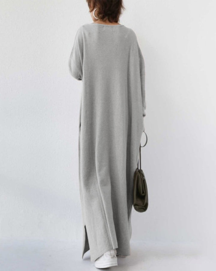 Flowing fit Women's Devina long sleeve maxi dress for elegant evening wear or warm winter fashion.