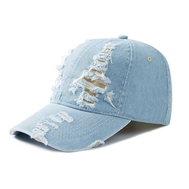 Versatile women's distressed denim cap, a perfect fashion accessory to complete any casual or streetwear outfit.
