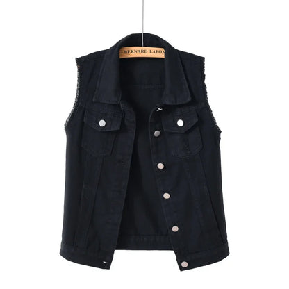 Trendy women's distressed oversized denim vest, essential denim outerwear for edgy casual looks.