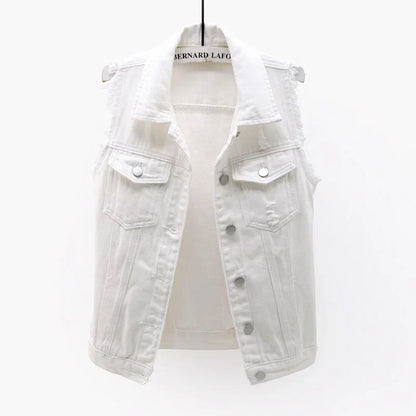 Women's oversized distressed denim sleeveless jacket, a cool layering piece for streetwear.
