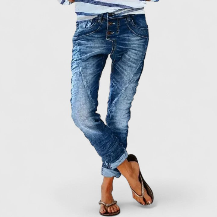 Fashionable women's wide-leg distressed denim jeans, perfect casual bottoms with a vintage feel.