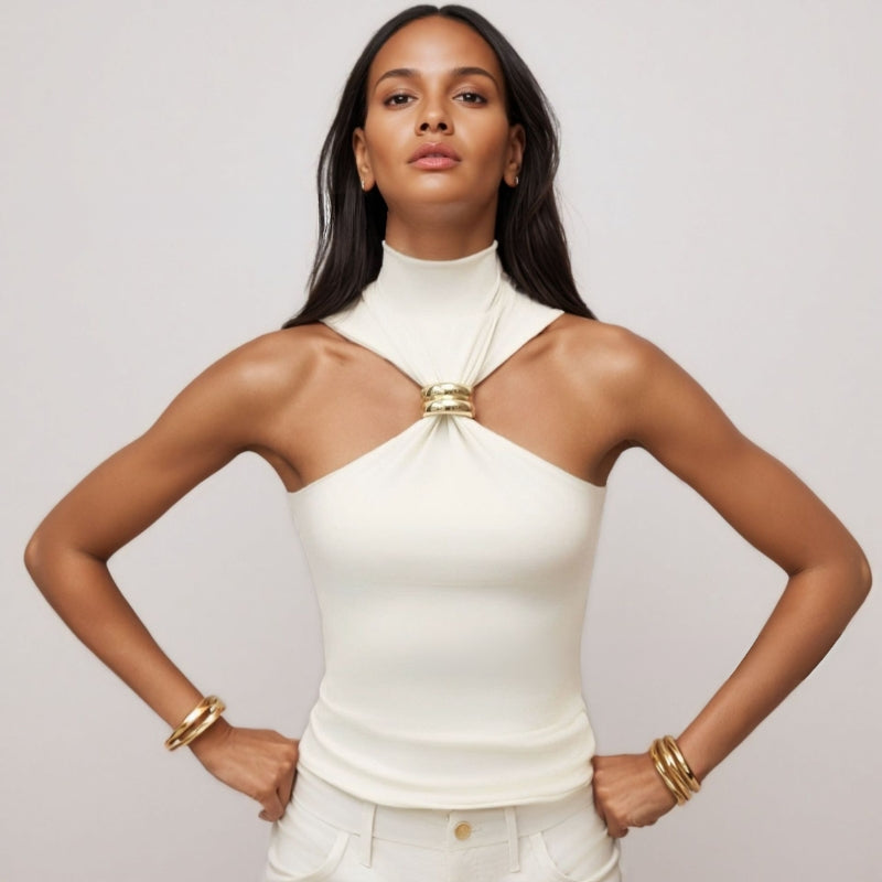 Women's Doria contour fit tank top with elegant gold ring accent. Sleeveless & chic for summer.