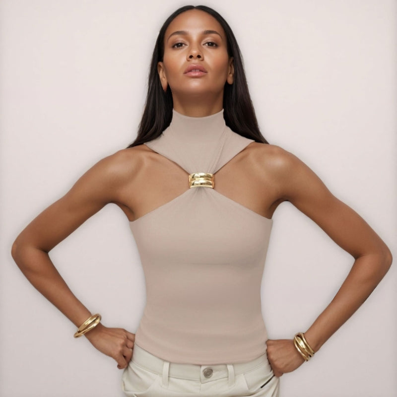 Sleek women's Doria sleeveless tank top, contour fit, featuring a stylish gold hardware ring.